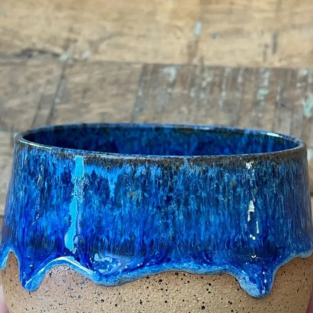 Handmade Stoneware Bowl Speckled Glossy Blue Drip Glaze Black Bees